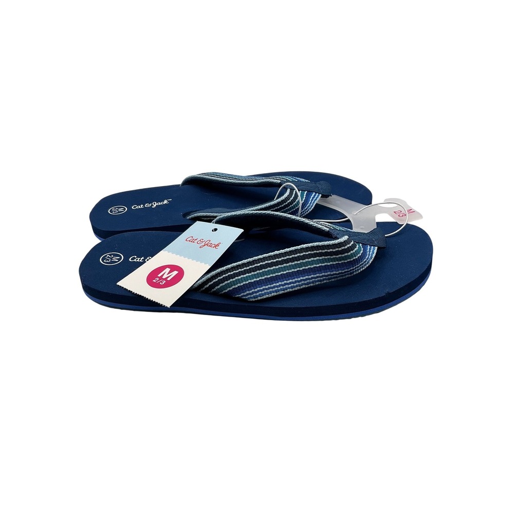 Cat & Jack Boys Navy Blue Striped‎ Flip Flop Sandals Size M 2/3 NWT - Picture 2 of 2